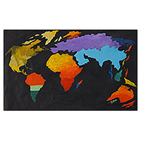 'World Map in Colors' - Acrylic Painting of The World Map in Colors from Ghana
