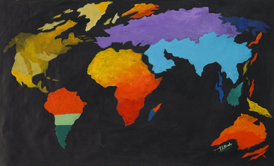 'World Map in colours' - Acrylic Painting of The World Map in colours from Ghana