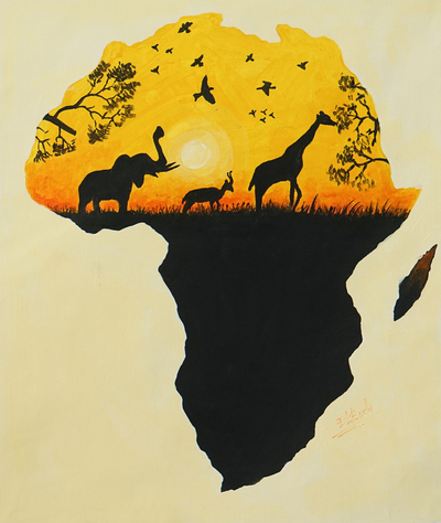 'African Safari' - Acrylic Painting of African Continent Silhouette and Animals