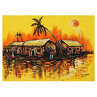 'Sunset African Village' - Pintura acrílica sobre lienzo de puesta de sol en un pueblo africano