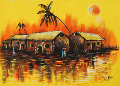 'Sunset African Village' - Pintura acrílica sobre lienzo de una puesta de sol en un pueblo africano