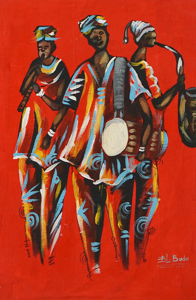 Musikkomponisten‘. - Acrylgemälde von afrikanischen Musikern, die Instrumente spielen