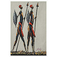 'Maasai Warriors II' - Pintura acrílica de guerreros masai africanos con escudos