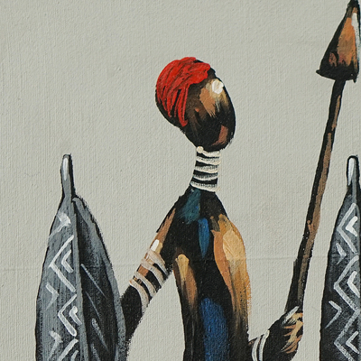 'Maasai Warriors II' - Pintura acrílica de guerreros masai africanos con escudos