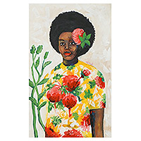 'Beautiful Me' - Retrato acrílico de una mujer africana con flores y hojas