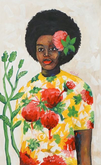 Beautiful Me - Acrylporträt einer afrikanischen Frau mit Blumen und Blättern