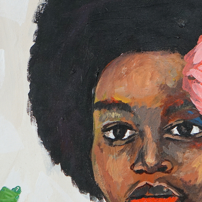 'Beautiful Me' - Retrato en acrílico de una mujer africana con flores y hojas