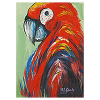 'Red Parrot' - Pintura acrílica sobre lienzo de un loro rojo de Ghana