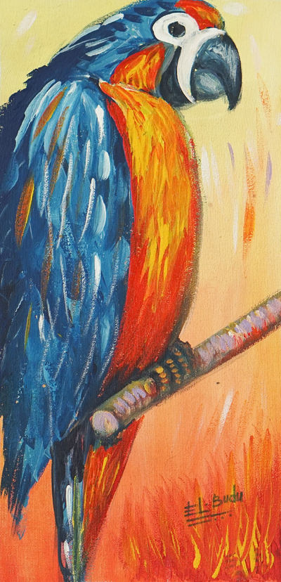 'Blue Parrot' - Acrylic on Canvas Painting of A Blue Parrot from Ghana