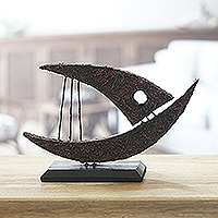 Wood sculpture, 'The Fishing Boat' - Handcrafted Abstract Sese Wood and Ceramic Sculpture of Boat