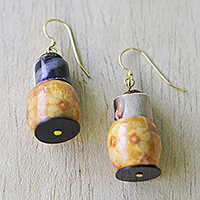 Recycled plastic and wood beaded dangle earrings, 'Fortune Blooms' - Eco-Friendly Floral Sese Wood Beaded Dangle Earrings