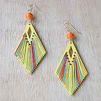 Bamboo and silk dangle earrings, 'Sunrise Queen' - Yellow Bamboo Dangle Earrings with Colorful Silk Threads
