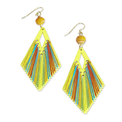 Bamboo and silk dangle earrings, 'Sunrise Queen' - Yellow Bamboo Dangle Earrings with colourful Silk Threads
