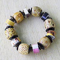 Recycled plastic and wood beaded stretch bracelet, 'Fortune Blooms' - Eco-Friendly Floral Sese Wood Beaded Bracelet from Ghana