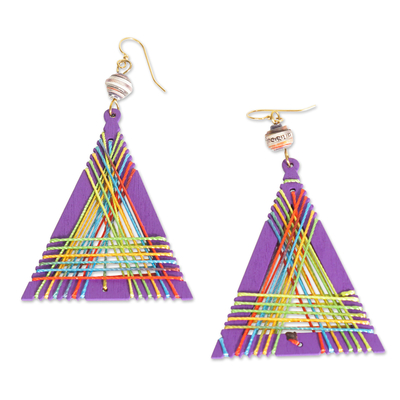 Bamboo and silk dangle earrings, 'Vibrant Geometry' - Triangle Bamboo Dangle Earrings with Vibrant Silk Threads