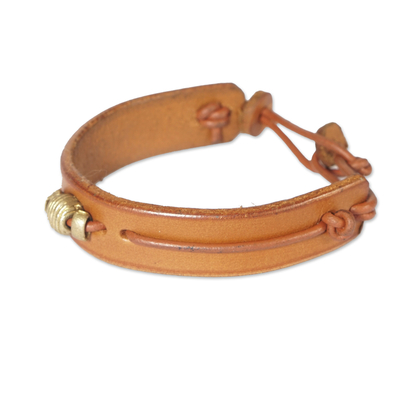 Leather wristband bracelet, 'Classic Evening' - Brown Leather Wristband Bracelet with Brass Accents