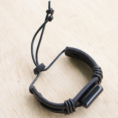 Leather wristband bracelet, 'Dark Spaces' - Black Leather Wristband Bracelet with Adjustable Length