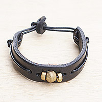 Leather wristband bracelet, 'Classic Midnight' - Black Leather Wristband Bracelet with Brass Accents