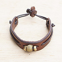 Leather wristband bracelet, 'Classic Twilight' - Dark Brown Leather Wristband Bracelet with Brass Accents