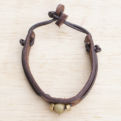 Leather wristband bracelet, 'Classic Twilight' - Dark Brown Leather Wristband Bracelet with Brass Accents