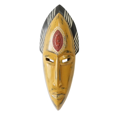 African wood mask, 'Yellow Beauty' - Handcrafted Yellow Sese Wood Mask with aluminium Accents