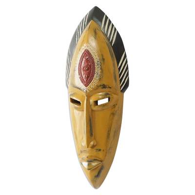 Máscara de madera africana - Máscara de madera de sésé amarilla hecha a mano con detalles en aluminio