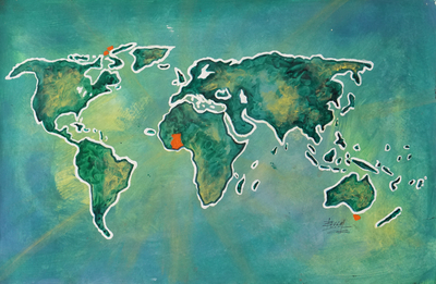 Green-Toned Acrylic Impressionist Painting of the Continents