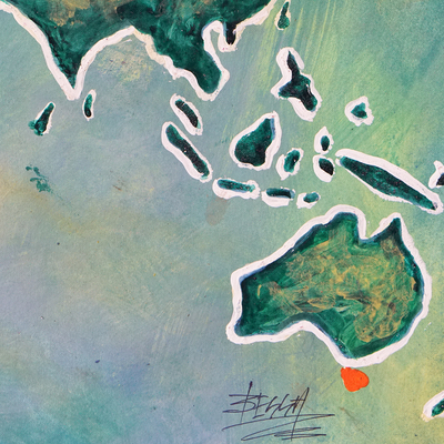'World Map IV' - Green-Toned Acrylic Impressionist Painting of the Continents
