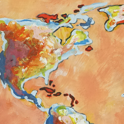 'Weltkarte II' - Warmtonige Acryl-Impressionistenmalerei der Kontinente
