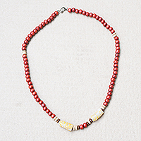 Wood and glass beaded necklace, 'Red Comfort' - Red Sese Wood and Recycled Glass Beaded Necklace from Ghana