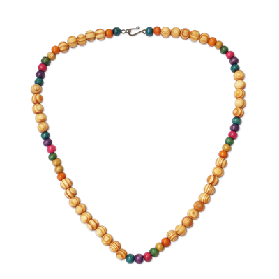 Wood beaded necklace, 'Wooden colours' - colourful Sese Wood Beaded Necklace with Brass Hook Clasp