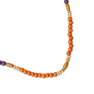 Wood beaded necklace, 'Vibrant Bohemian' - Orange and Purple Sese Wood Beaded Necklace from Ghana