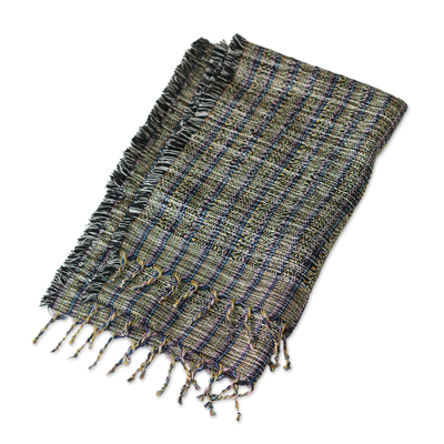 Cotton blend scarf, 'Nyaniba I' - Cotton Blend Scarf with Stripes & Fringes Handwoven in Ghana