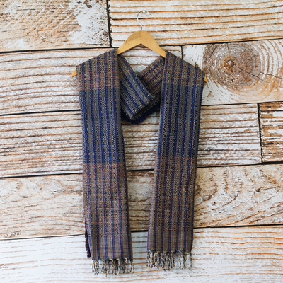 Cotton blend shawl, 'Nyaniba III' - Striped and Fringed Cotton Blend Shawl Hand-Woven in Ghana