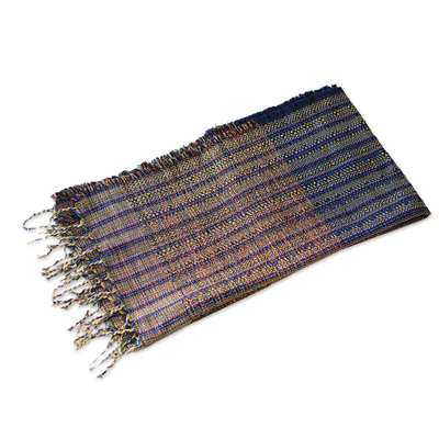 Cotton blend shawl, 'Nyaniba III' - Striped and Fringed Cotton Blend Shawl Hand-Woven in Ghana