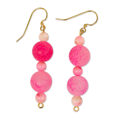 Agate beaded dangle earrings, 'Pink Universe' - Modern Pink Agate Beaded Dangle Earrings with Brass Hooks