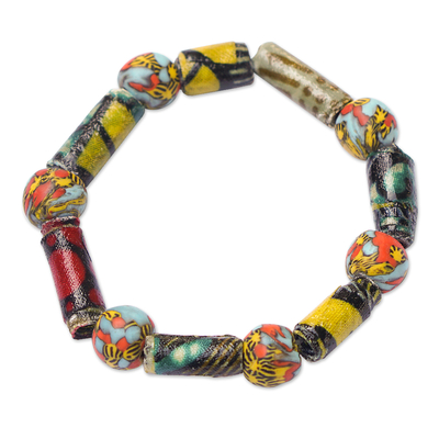 Recycled glass beaded stretch bracelet, 'Amenuveve' - colourful Recycled Glass Beaded Stretch Bracelet from Ghana