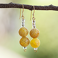 Recycled glass and agate beaded dangle earrings, 'Sunny Universe' - Yellow Agate and Recycled Glass Beaded Dangle Earrings