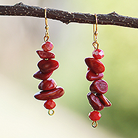 Agate and recycled glass beaded dangle earrings, 'Crimson Maiden' - Natural Red Agate Dangle Earrings with Recycled Glass Beads