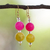 Agate and recycled glass beaded dangle earrings, 'Chic Cosmos' - Fuchsia and Yellow Agate Dangle Earrings with Glass Beads