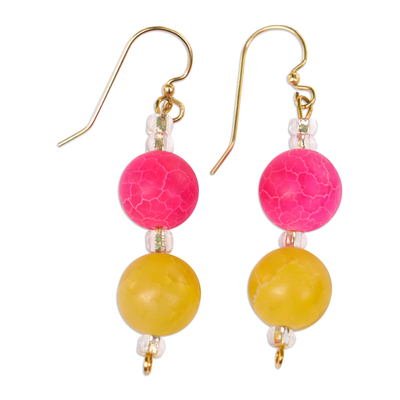 Agate and recycled glass beaded dangle earrings, 'Chic Cosmos' - Fuchsia and Yellow Agate Dangle Earrings with Glass Beads