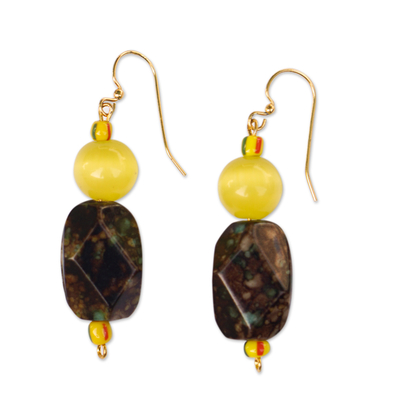 Cat's eye and recycled glass beaded dangle earrings, 'Imperial Yellow' - Cat's Eye Dangle Earrings with Recycled Glass Beads