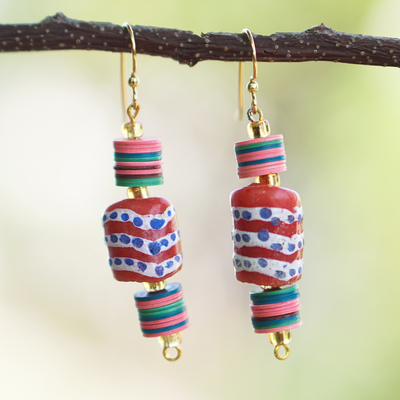 Recycled plastic and glass beaded dangle earrings, 'Euphoric Sense' - colourful Recycled Plastic and Glass Beaded Dangle Earrings