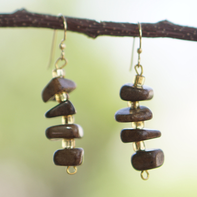 Agate and recycled glass beaded dangle earrings, 'Proud Queen' - Natural Agate and Recycled Glass Beaded Dangle Earrings