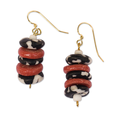 Recycled glass beaded dangle earrings, 'Kekele' - Eco-Friendly Glass Beaded Dangle Earrings in Red and Black