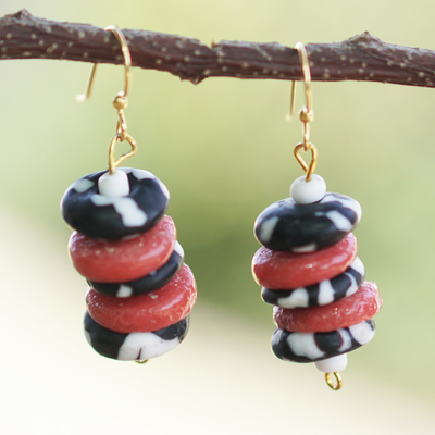 Recycled glass beaded dangle earrings, 'Kekele' - Eco-Friendly Glass Beaded Dangle Earrings in Red and Black