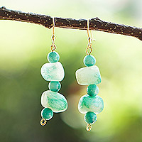 Agate and recycled glass beaded dangle earrings, 'Justice Charm' - Green Agate and Recycled Glass Beaded Dangle Earrings