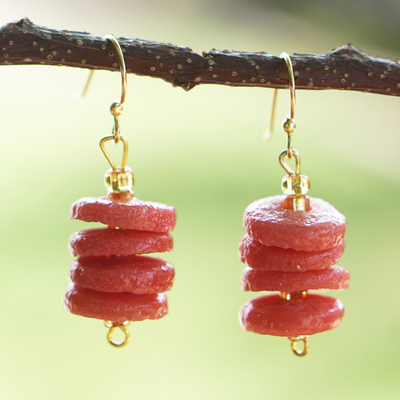 Recycled glass beaded dangle earrings, 'Fire Warrior' - Red Recycled Glass Beaded Dangle Earrings with Brass Hooks