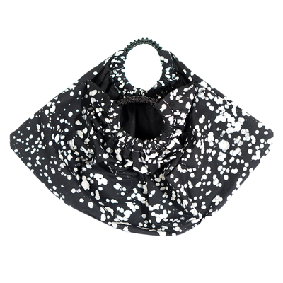 Batik cotton hobo bag, 'Great Sophisticated Nuse' - Black and White Batik Cotton Hobo Bag with Beaded Handle