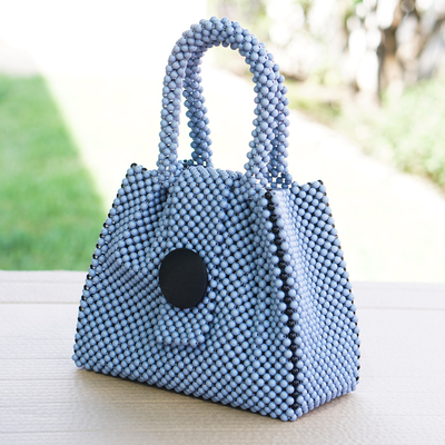 Recycled plastic beaded handle bag, 'Periwinkle Today' - Eco-Friendly Modern Plastic Beaded Handle Bag from Ghana